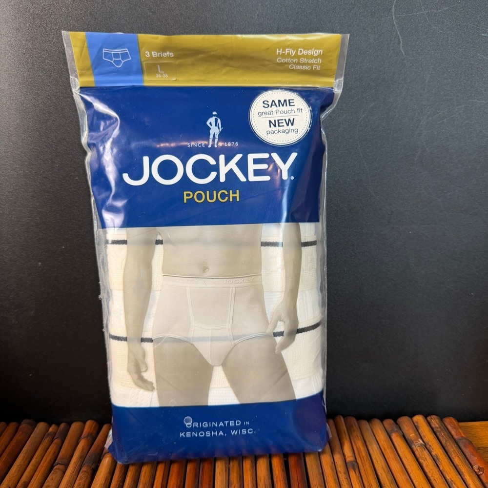 2012 Jockey Pouch Briefs Mens Large White Cotton Stretch H-Fly 3-Pack New